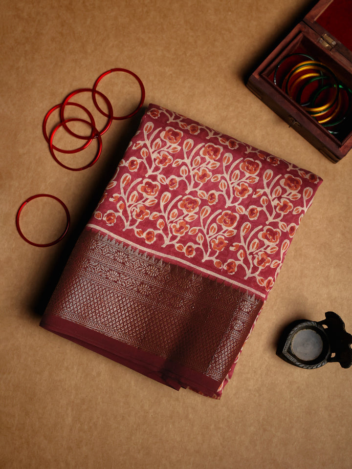 Maroon Chanderi Saree with Block Print- CDS007