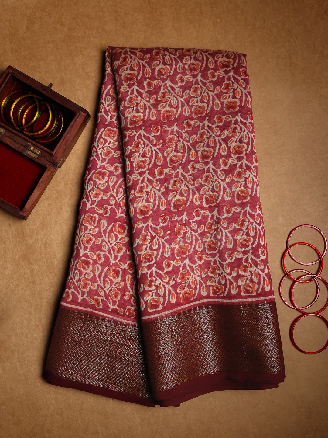 Maroon Chanderi Saree with Block Print- CDS007