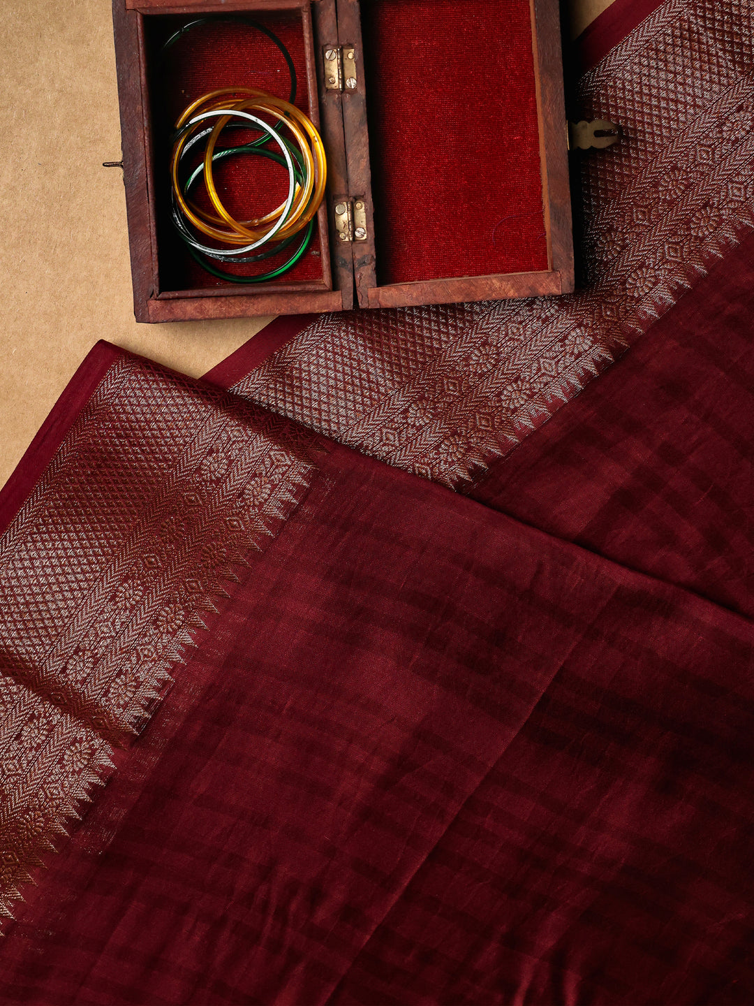 Maroon Chanderi Saree with Block Print- CDS007