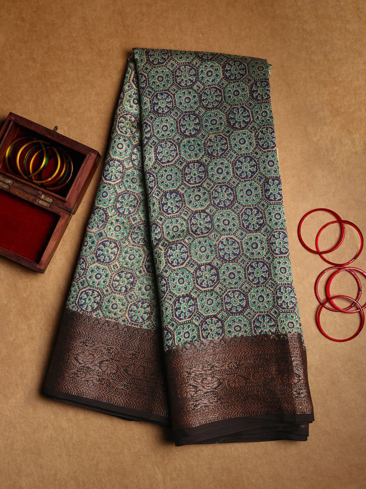 Blue & Green Chanderi Saree with Block Print- CDS016