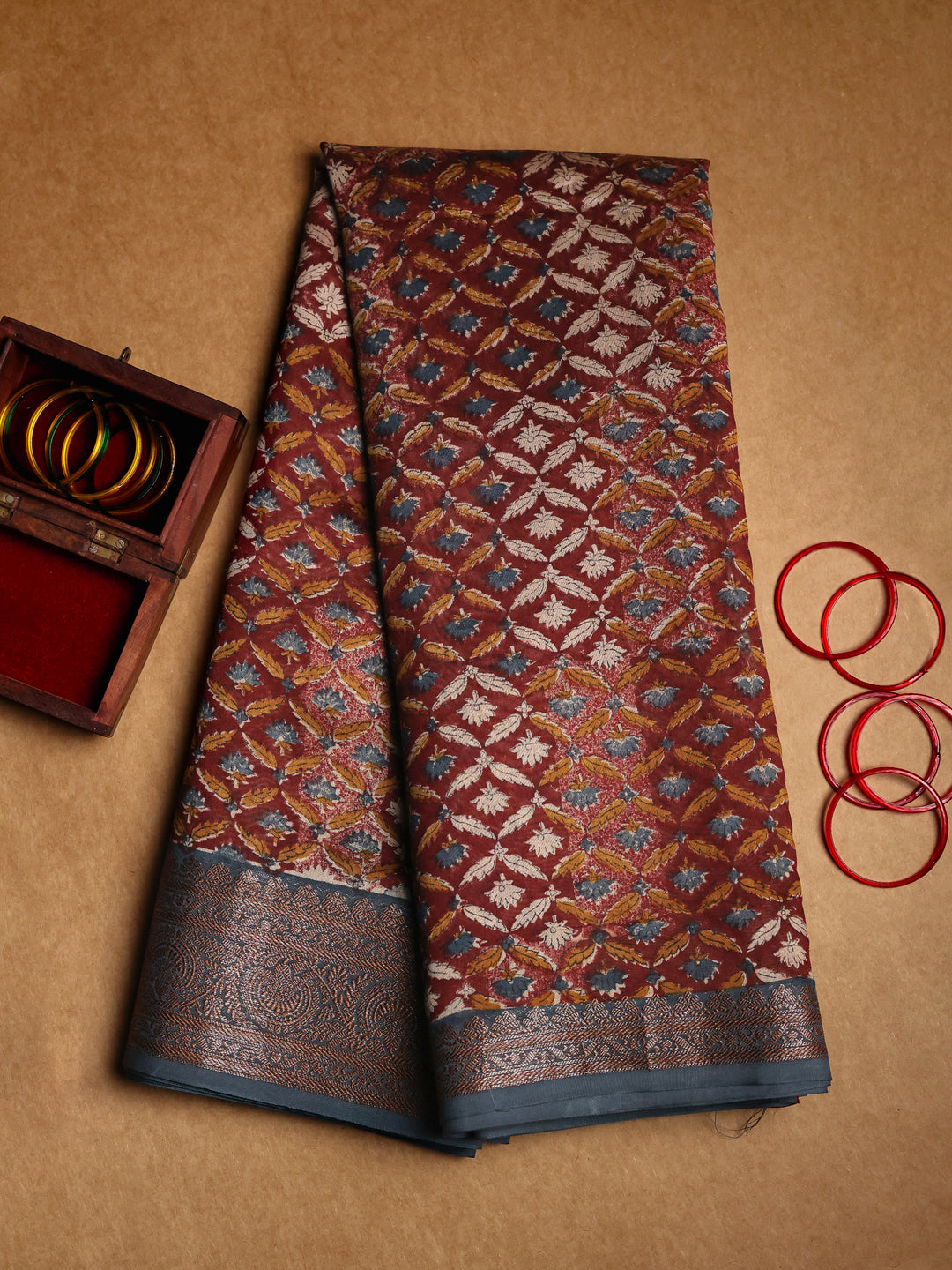 Deep Brown Chanderi Saree with Block Print- CDS017