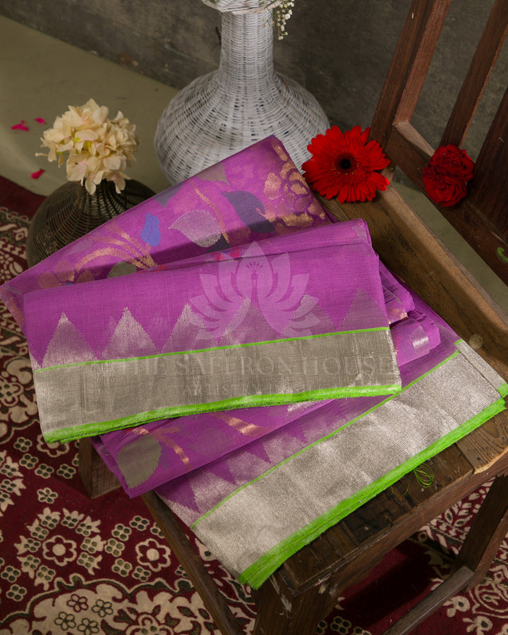 Royal Lavender Jamdani Saree with Virndhavan Jaal and Pure Zari Border - B74