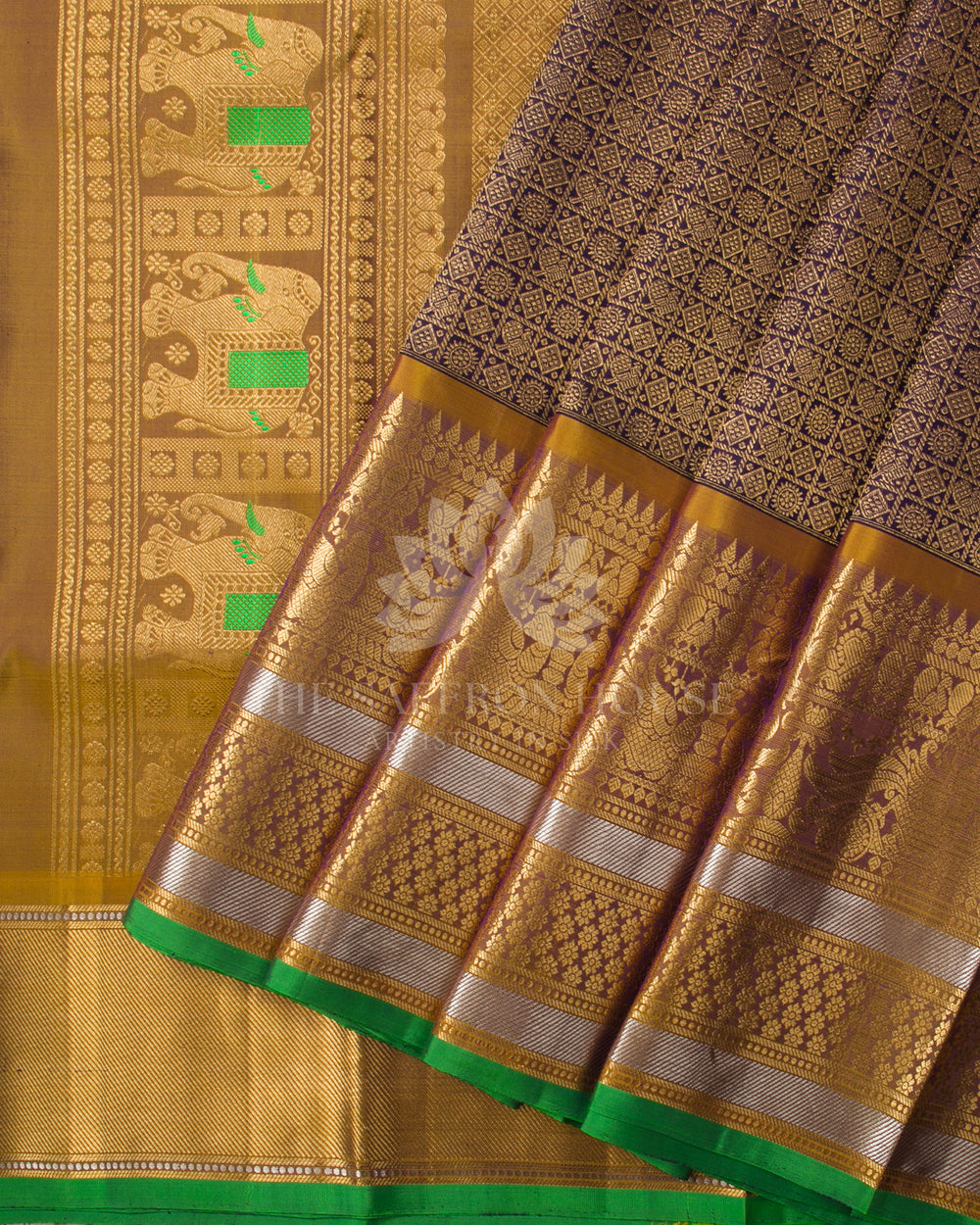 Violet & Mustard Pure Zari Kanchipuram Silk Saree - A24 - View 1