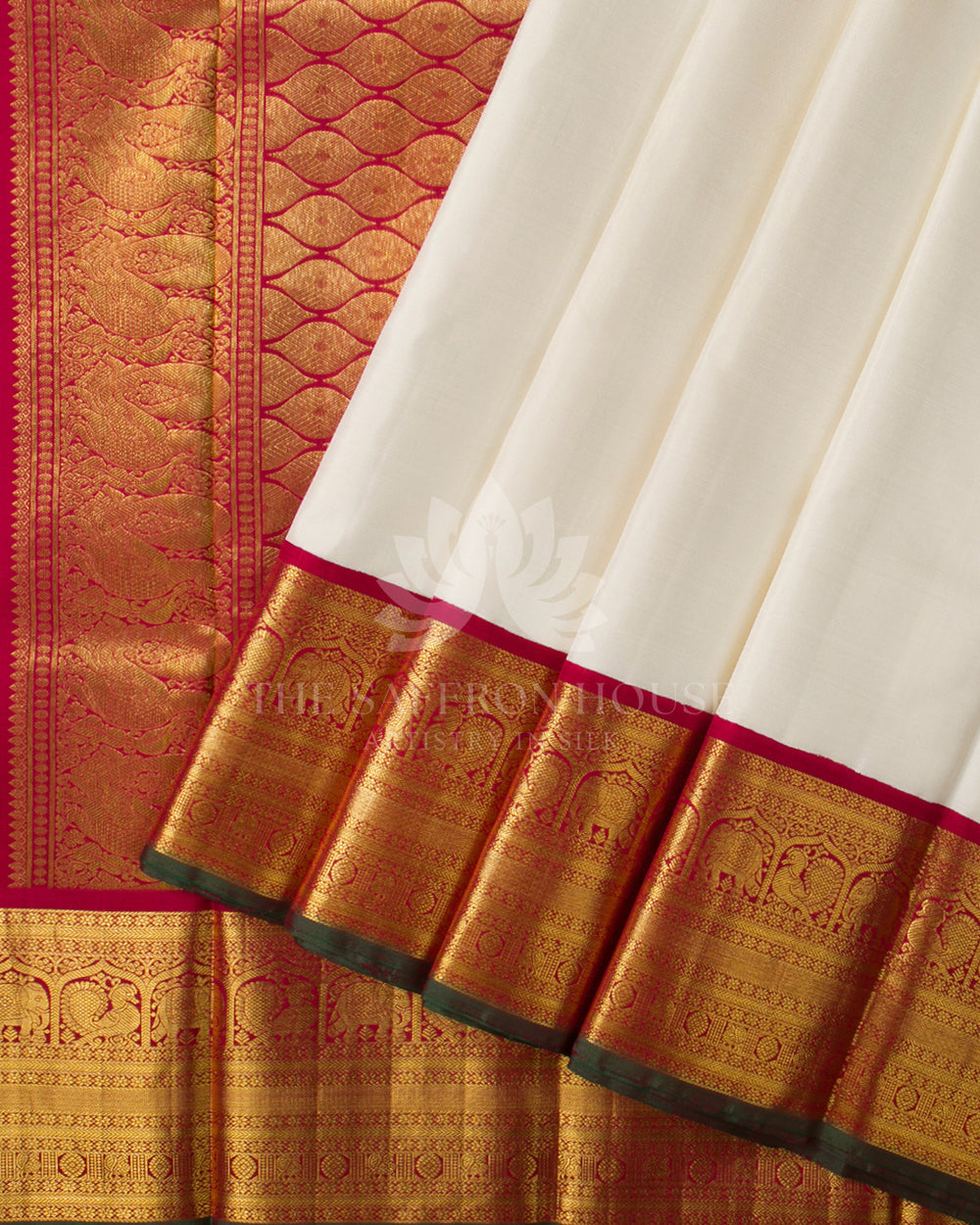 White & Red Pure Zari 2g Kanchipuram Silk Saree - A40 - View 1