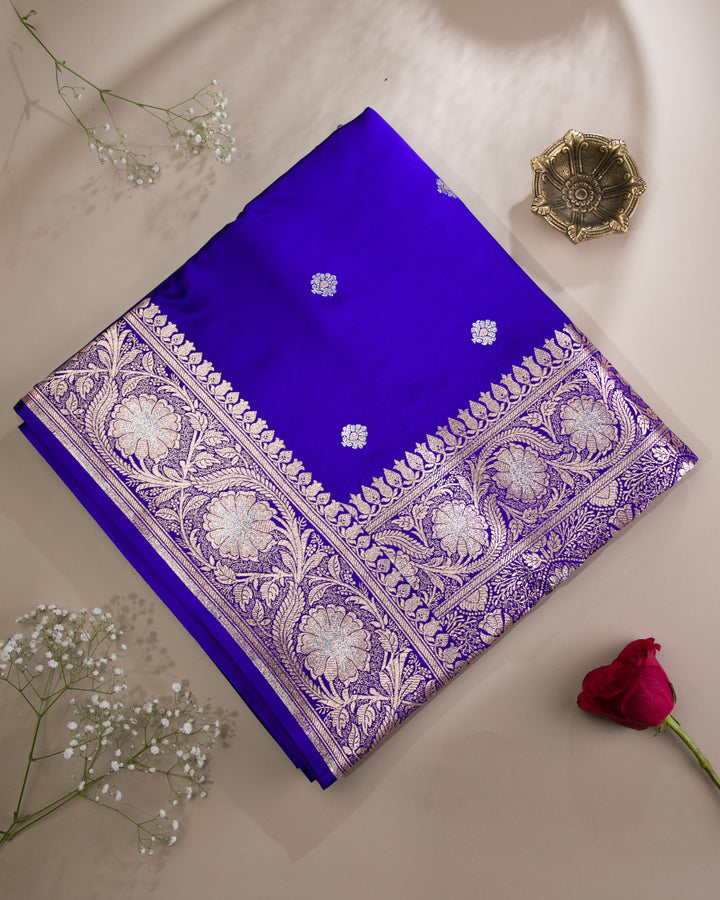 Royal Blue Mashru Banaras Silk Saree with Silver Zari Floral Motifs and Jaal Border - D09