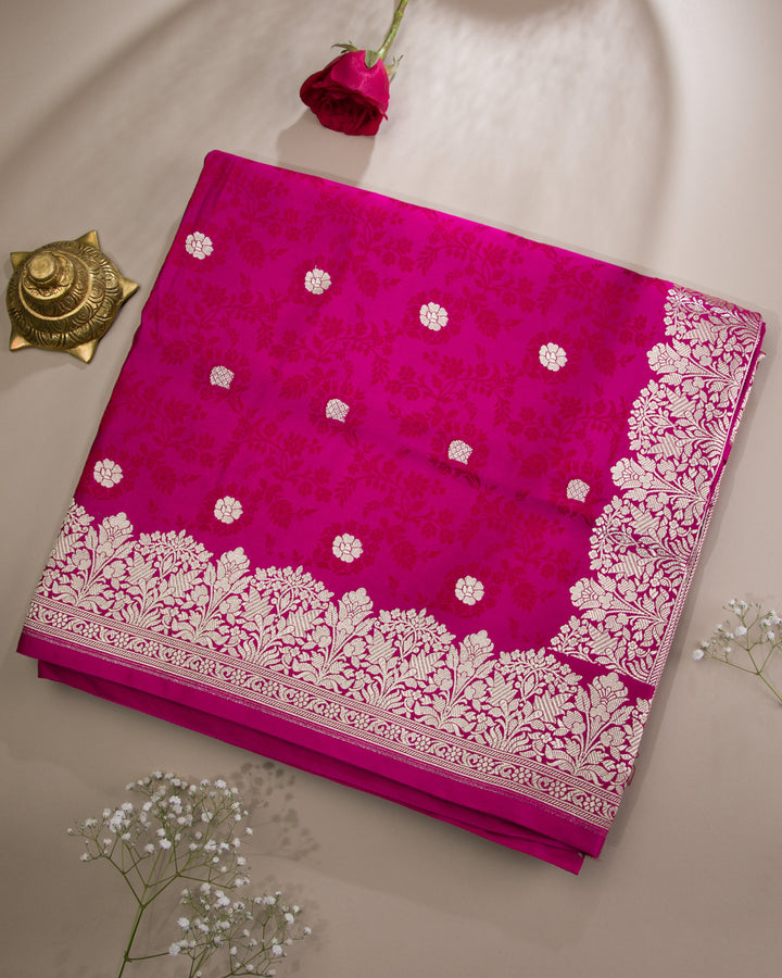 Vibrant Fuchsia Mashru Handwoven Banaras Silk Saree with Intricate Floral Zari Border - D01