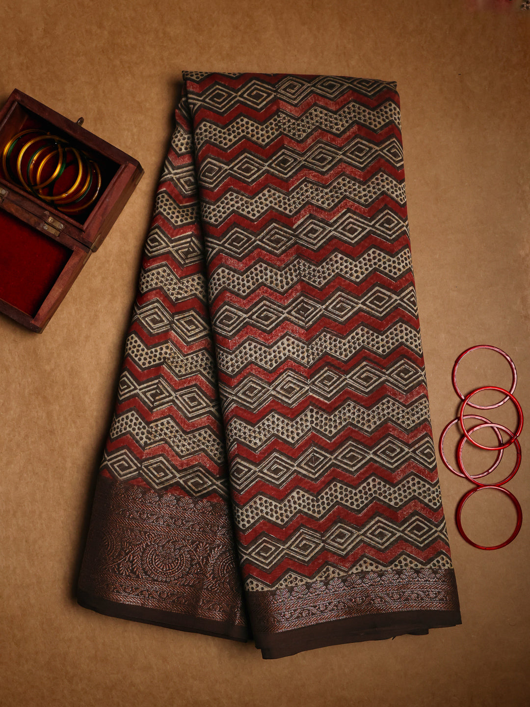 Brown Chanderi Saree with Block Print- CDS008