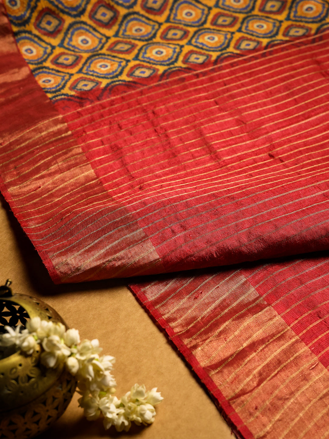 Yellow and Pink Tussar Saree with Block Print- TPS007