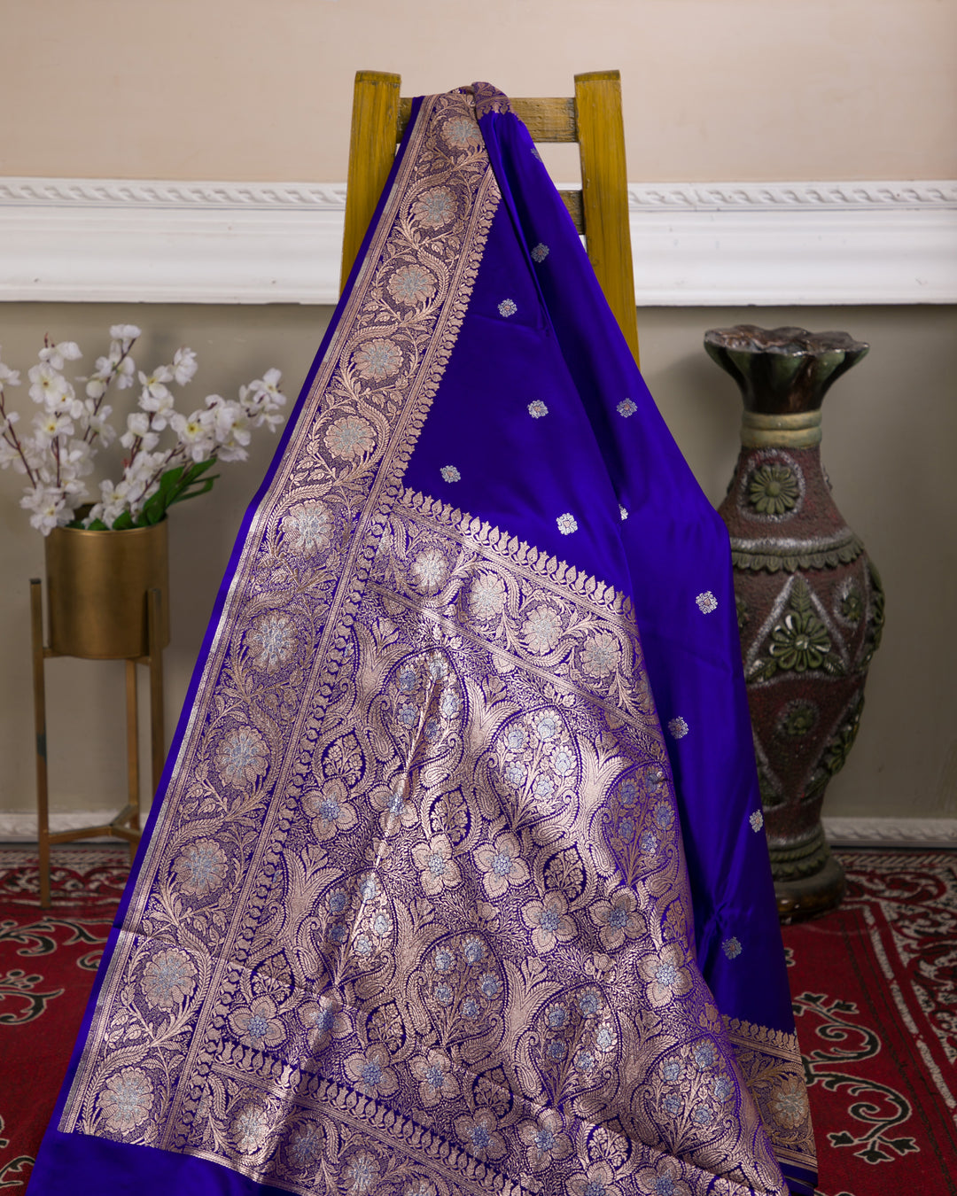 Royal Blue Mashru Banaras Silk Saree with Silver Zari Floral Motifs and Jaal Border - D09