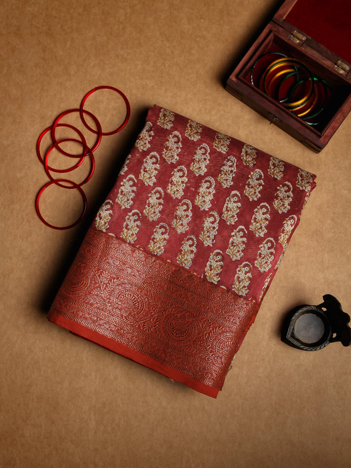 Red Chanderi Saree with Block Print- CDS009