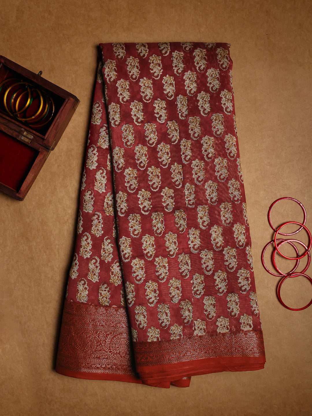 Red Chanderi Saree with Block Print- CDS009