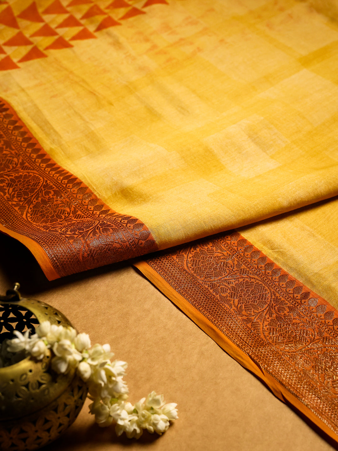 Mustard Yellow Chanderi Saree with Block Print- CDS019