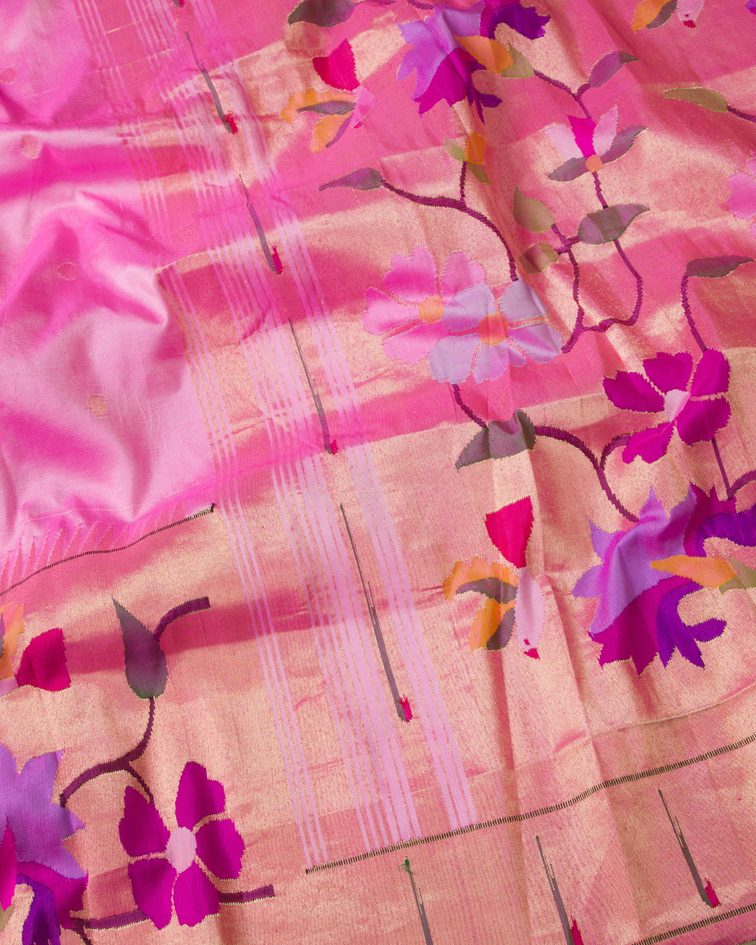 Turkish Rose Elegance: Paithani Handloom Saree with Pure Zari Gold Floral Border - A6 - View 4