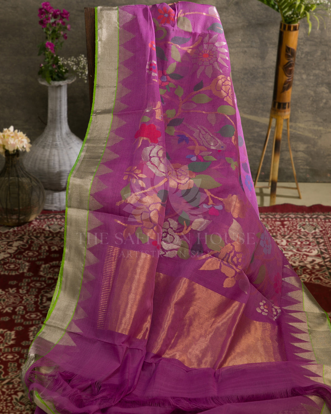 Royal Lavender Jamdani Saree with Virndhavan Jaal and Pure Zari Border - B74