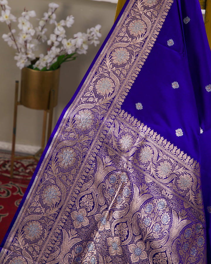 Royal Blue Mashru Banaras Silk Saree with Silver Zari Floral Motifs and Jaal Border - D09