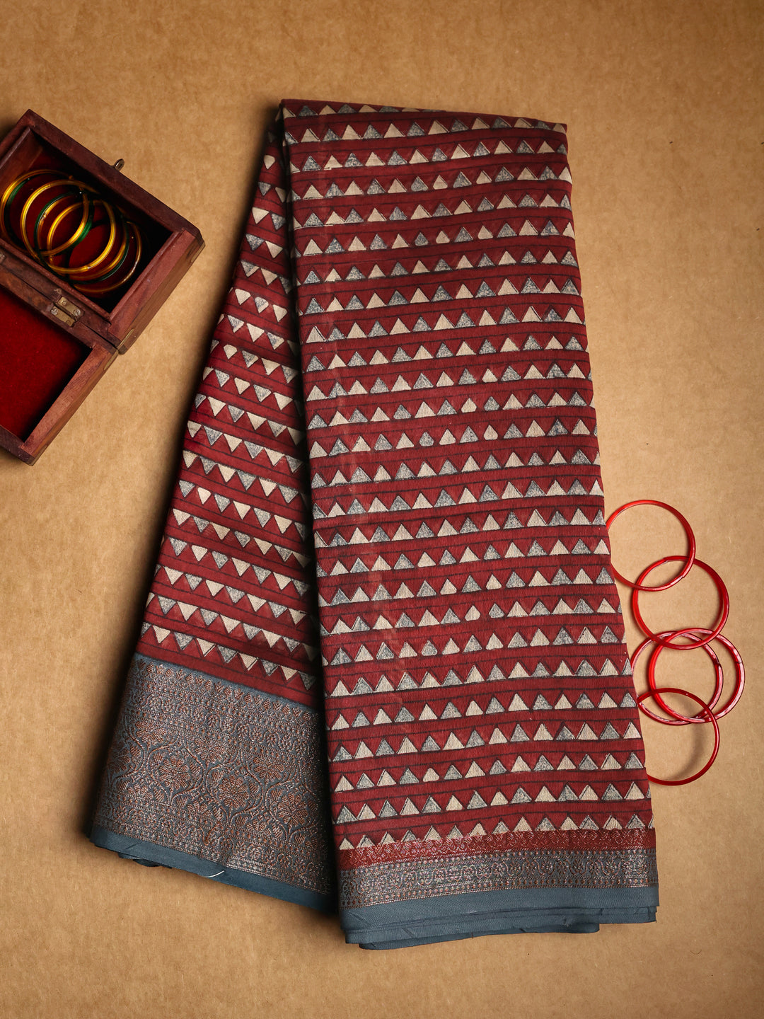 Maroon & Grey Chanderi Saree with Block Print- CDS010