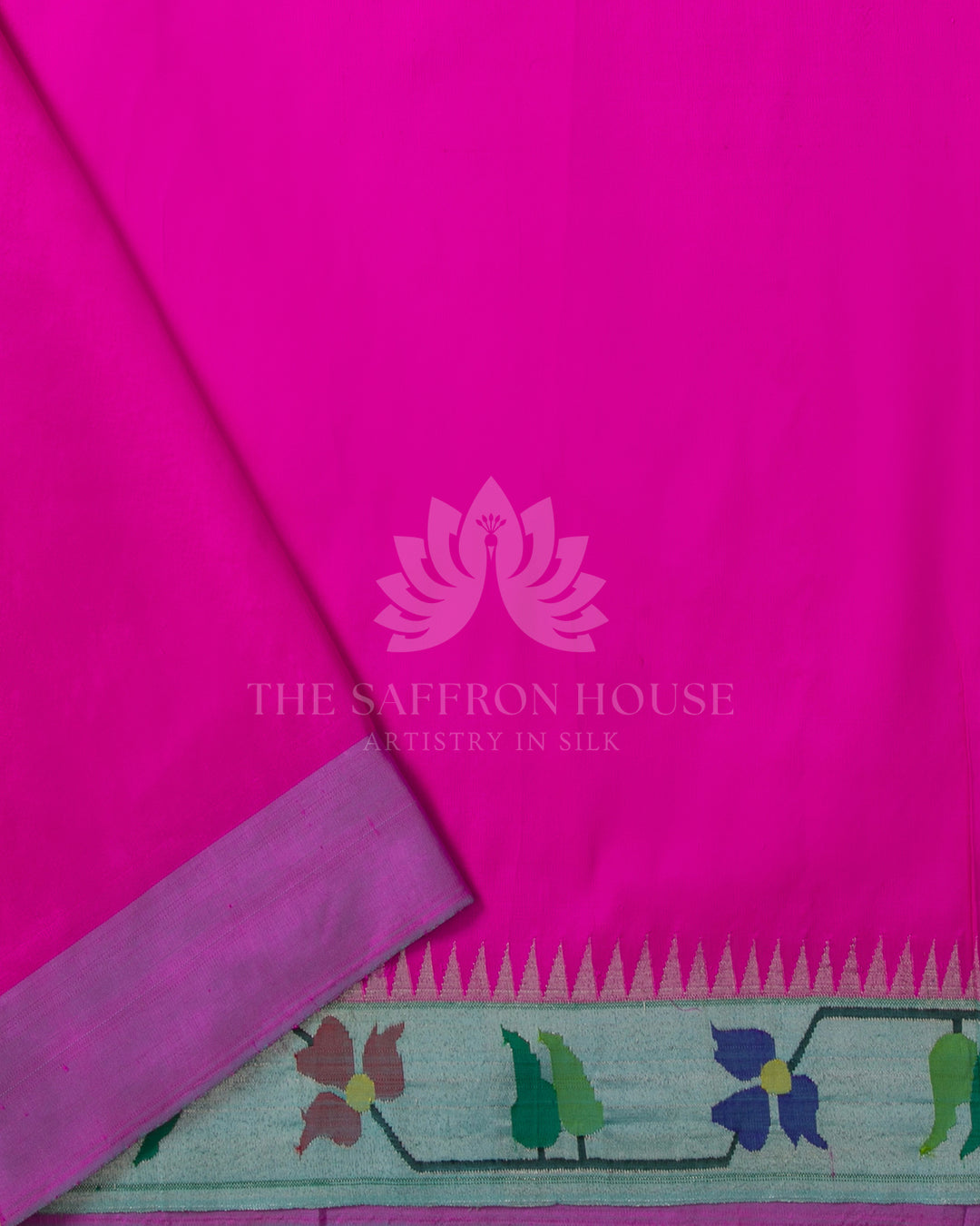 Pink Pure Zari All Over Tissue Paithani Silk Saree with Sea Blue Floral Border - A7