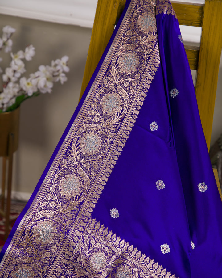 Royal Blue Mashru Banaras Silk Saree with Silver Zari Floral Motifs and Jaal Border - D09