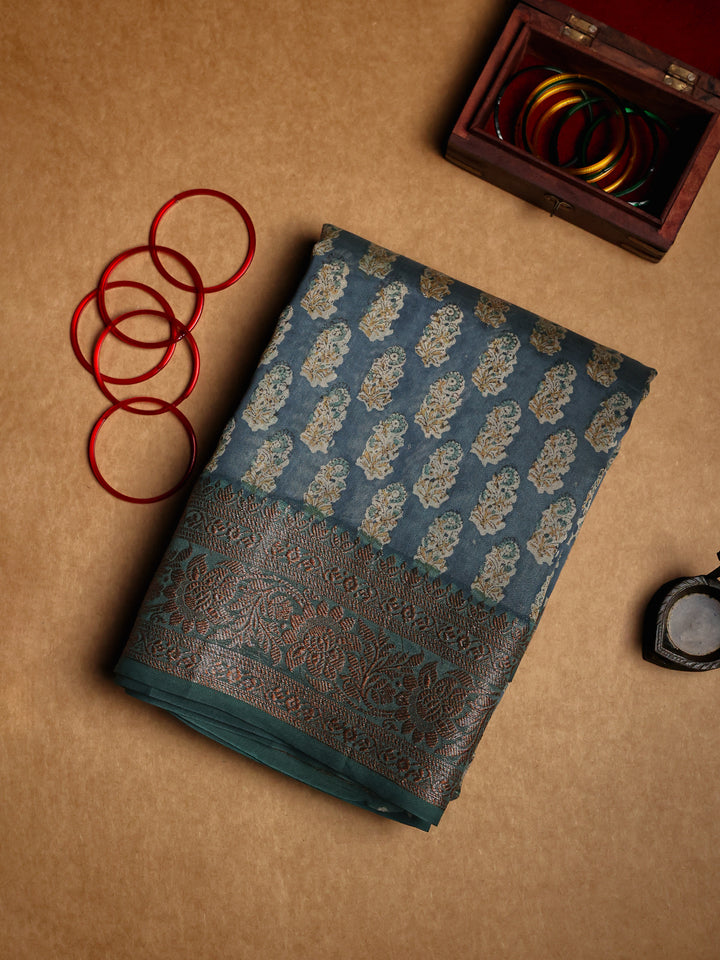 Slate Blue Chanderi Saree with Block Print- CDS012