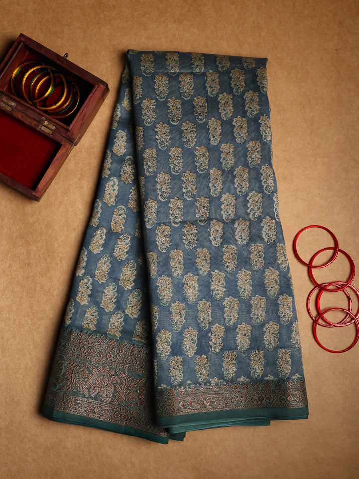 Slate Blue Chanderi Saree with Block Print- CDS012