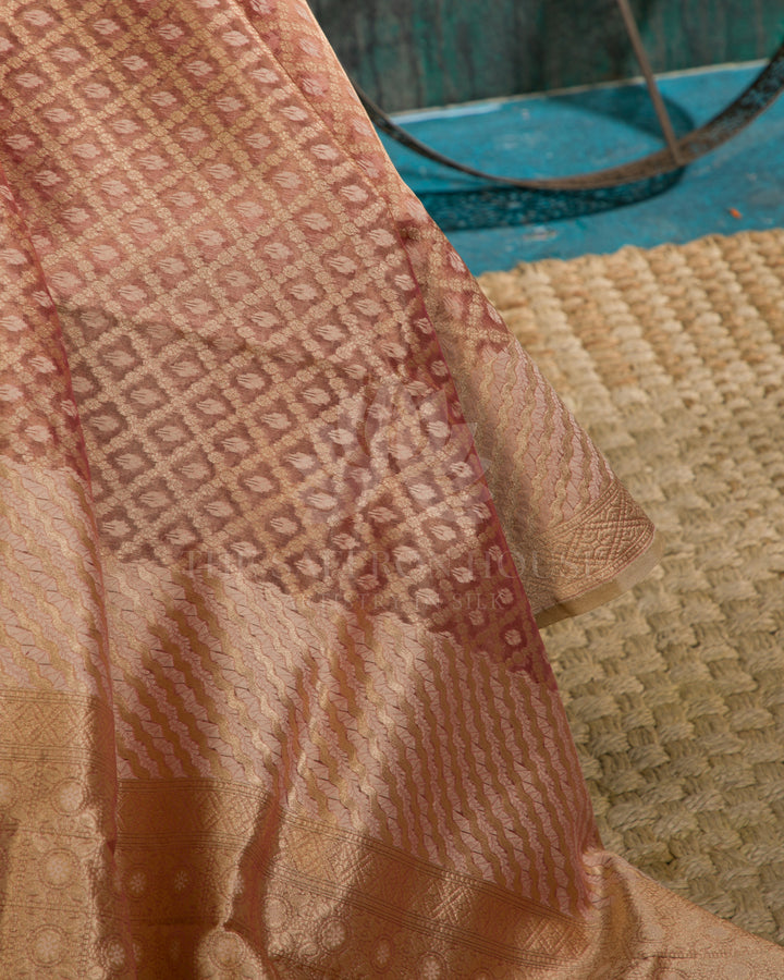 Peach Handwoven Jaal Tissue Jamdhani Banaras Saree - B8 - View 3