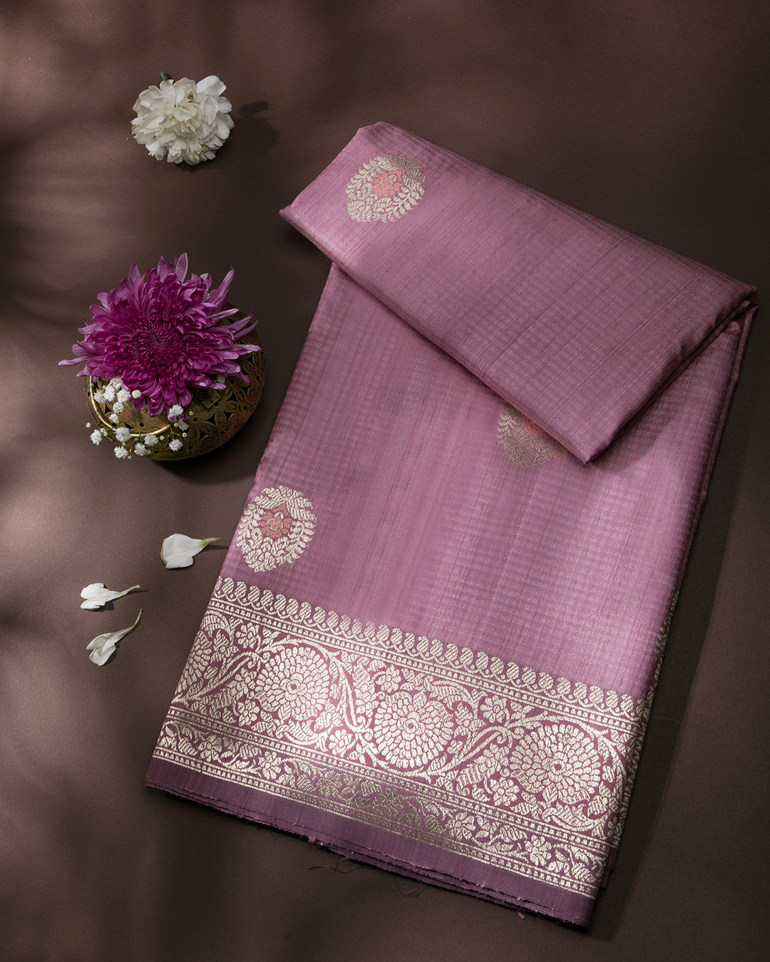Rose Pink Handloom Banarasi Tussar Silk Saree - A52