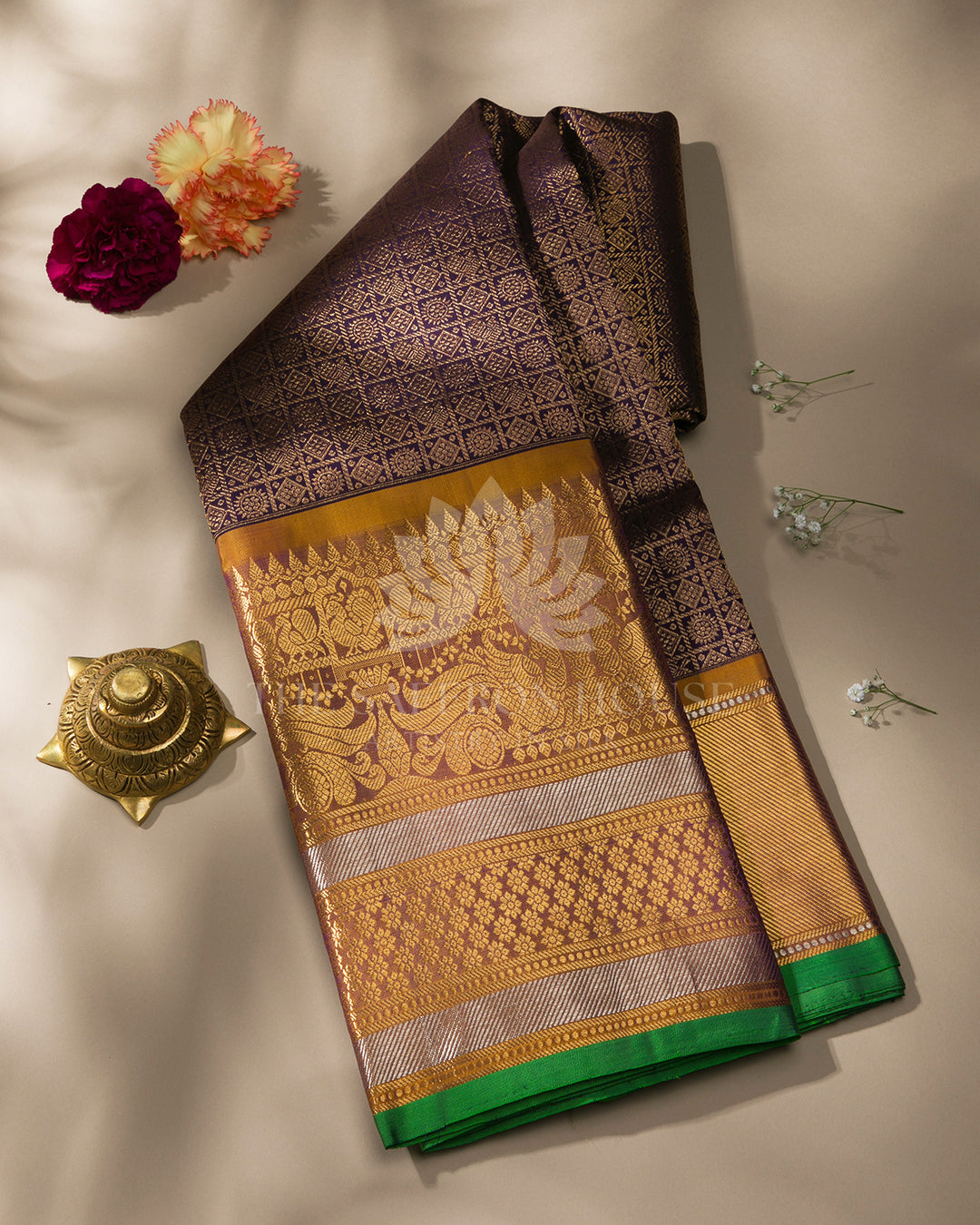 Violet & Mustard Pure Zari Kanchipuram Silk Saree - A24