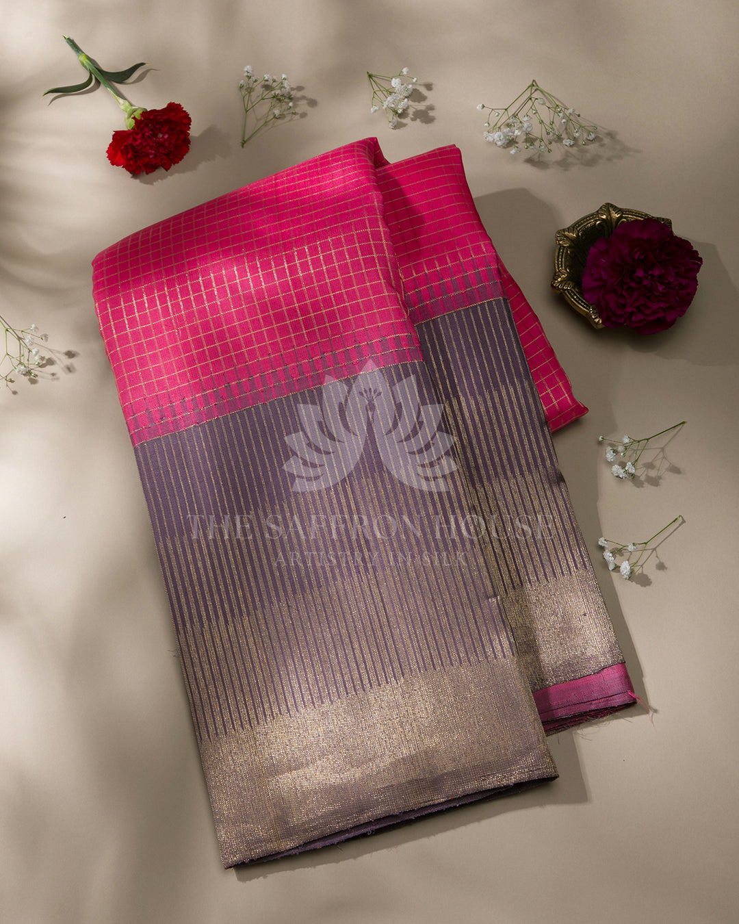 Pink & Purple Grey Pure Zari Kanchipuram Silk Saree - A21