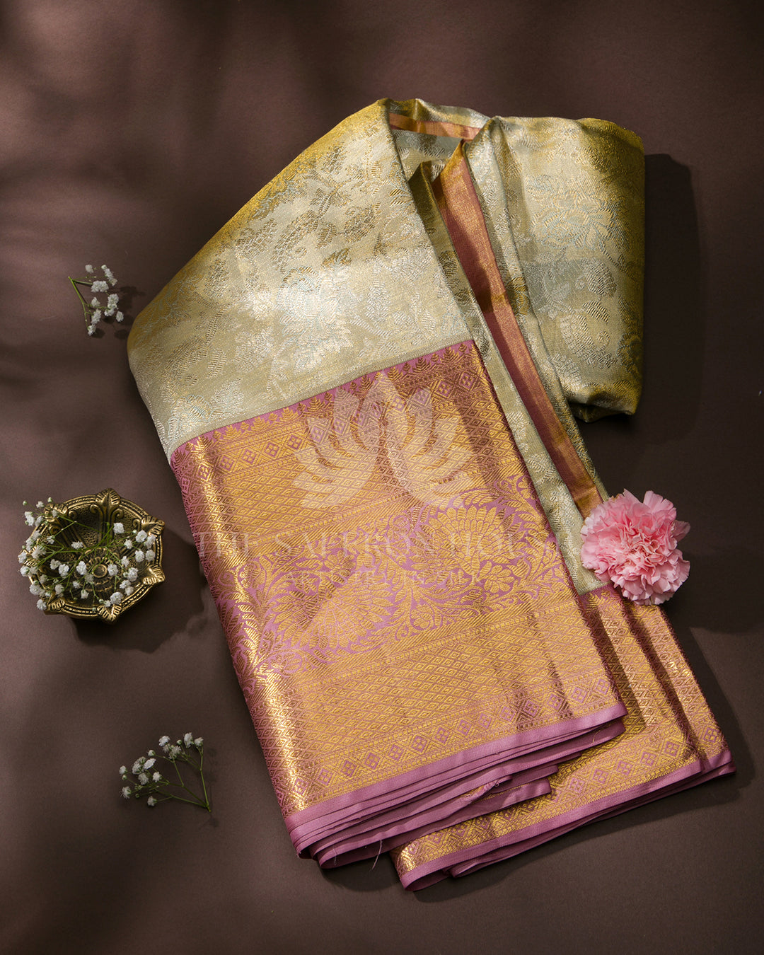Silver & Mauve Pink Pure Zari Kanchipuram Silk Saree - A23