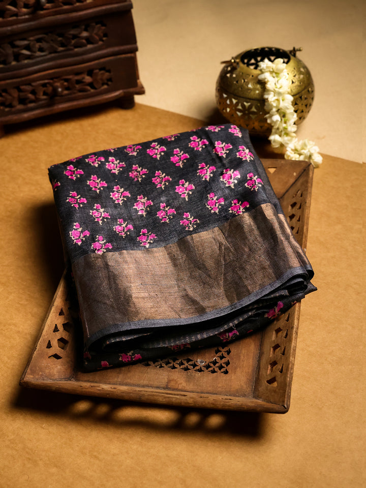 Black & Purple Tussar Saree with Block Print- TPS008