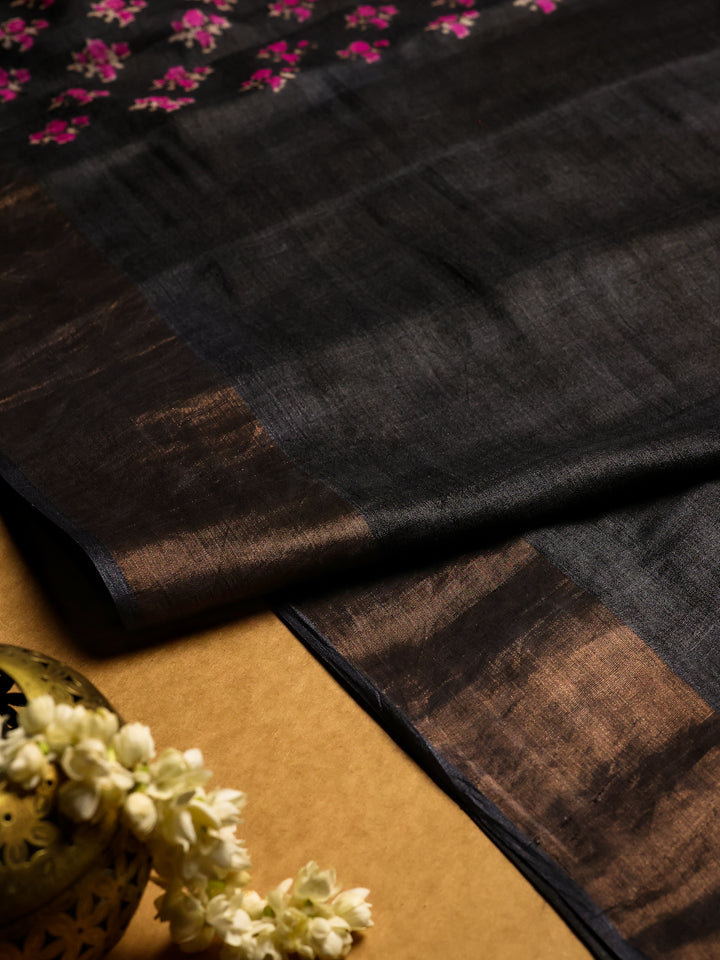 Black & Purple Tussar Saree with Block Print- TPS008