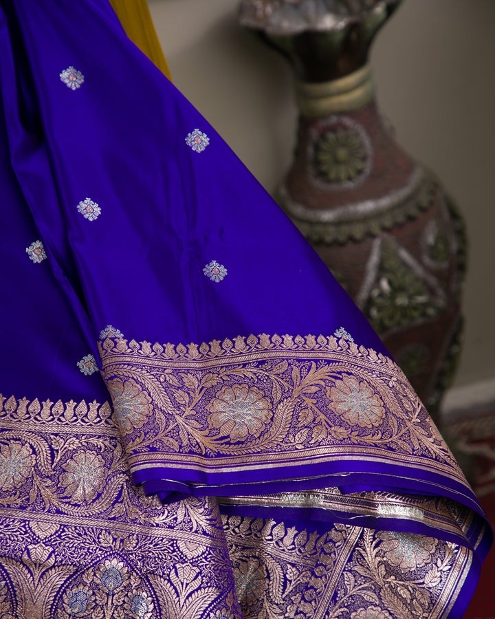 Royal Blue Mashru Banaras Silk Saree with Silver Zari Floral Motifs and Jaal Border - D09