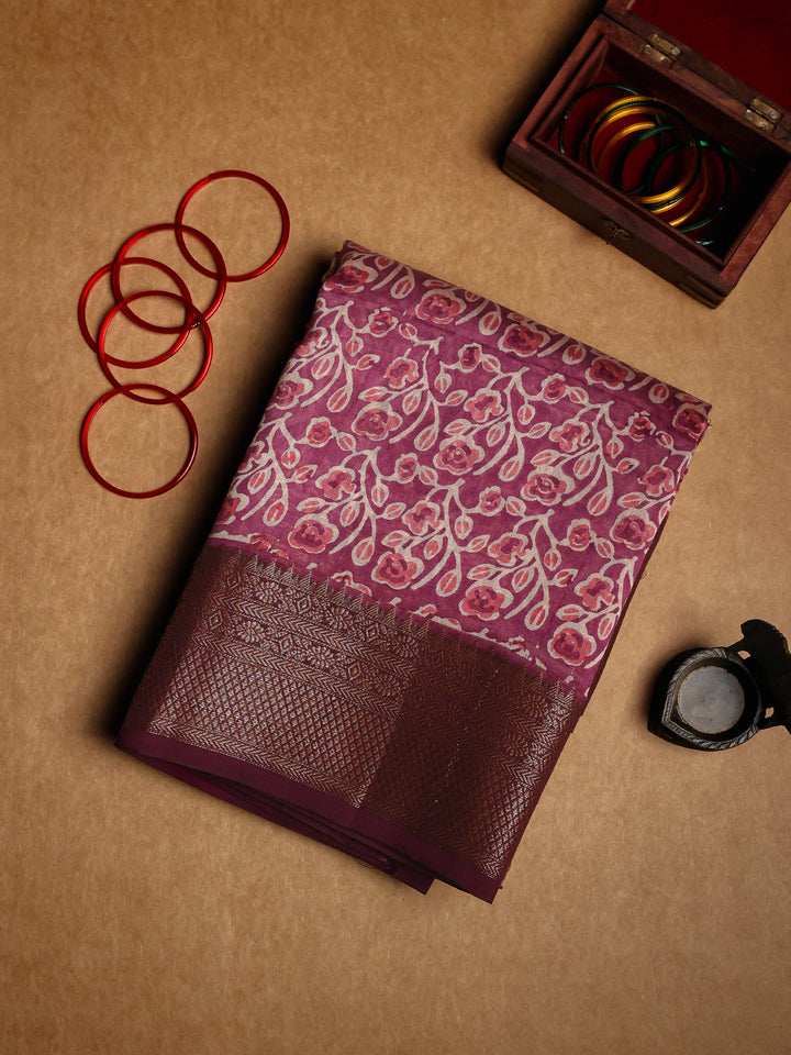 Purple Chanderi Saree with Block Print- CDS011