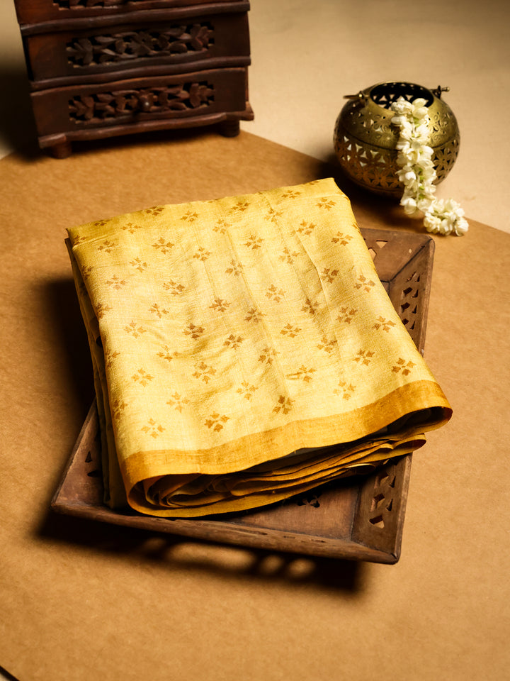 Yellow Tussar Saree with Block Print- TPS009