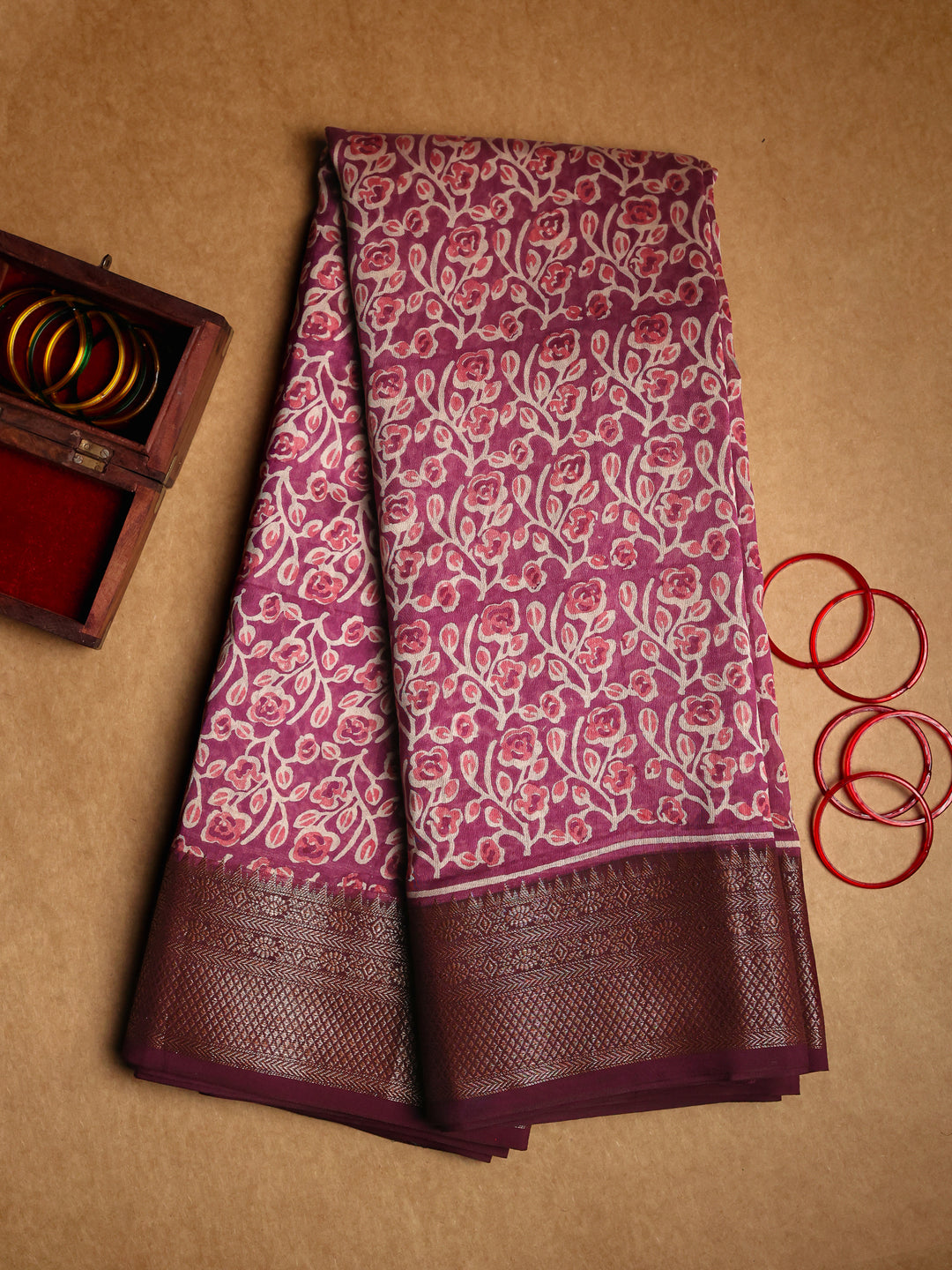 Purple Chanderi Saree with Block Print- CDS011