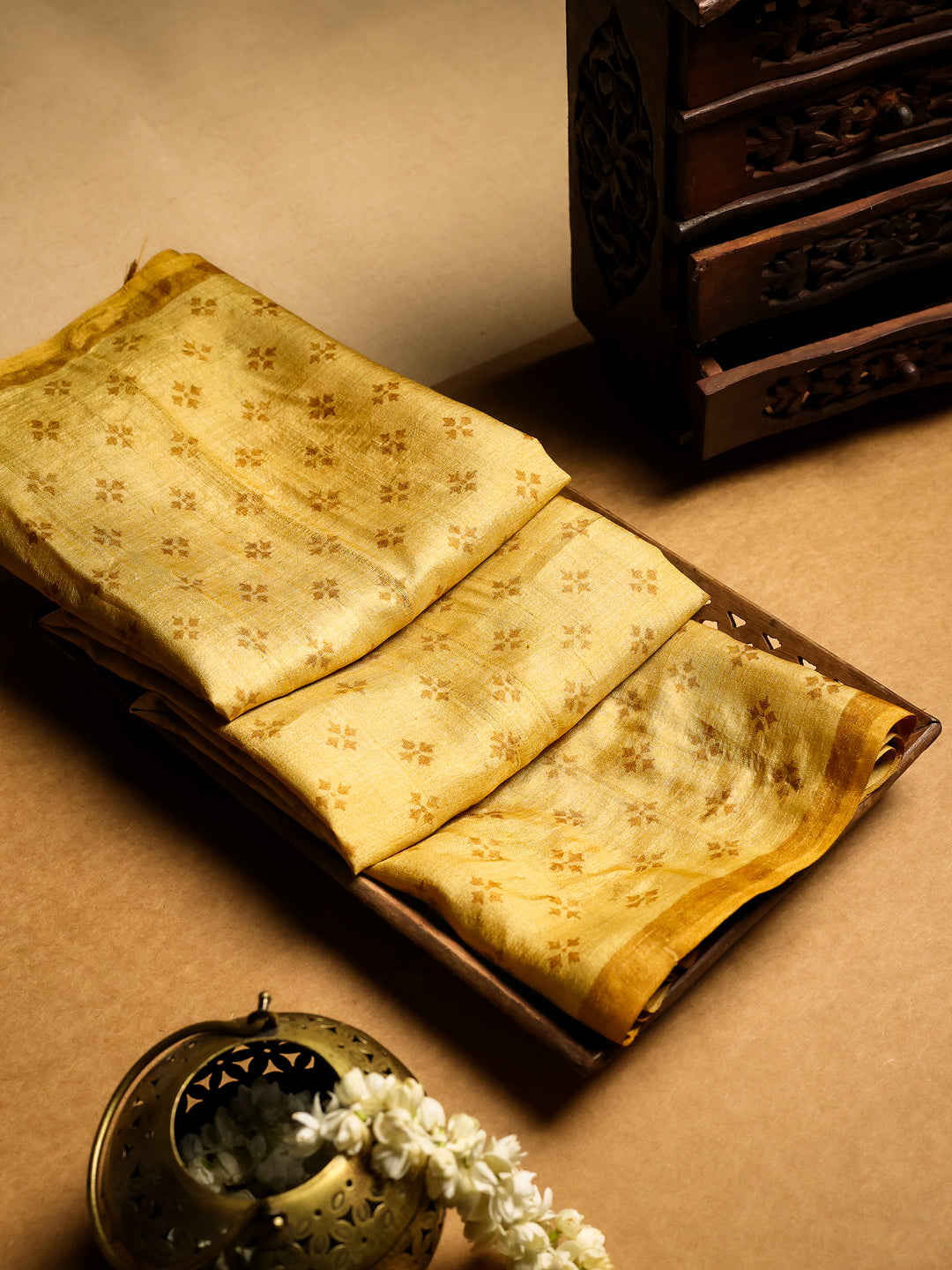 Yellow Tussar Saree with Block Print- TPS009