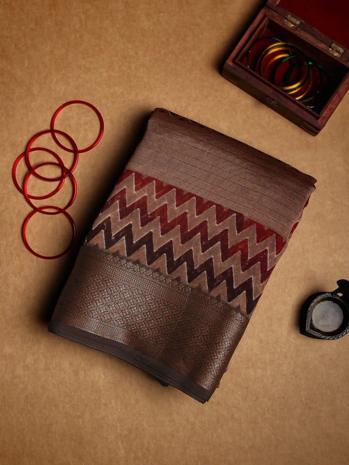 Brown Chanderi Saree with zig zag Block Print- CDS014