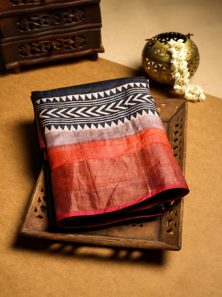 Black Tussar Saree with Geometric Print - TPS010