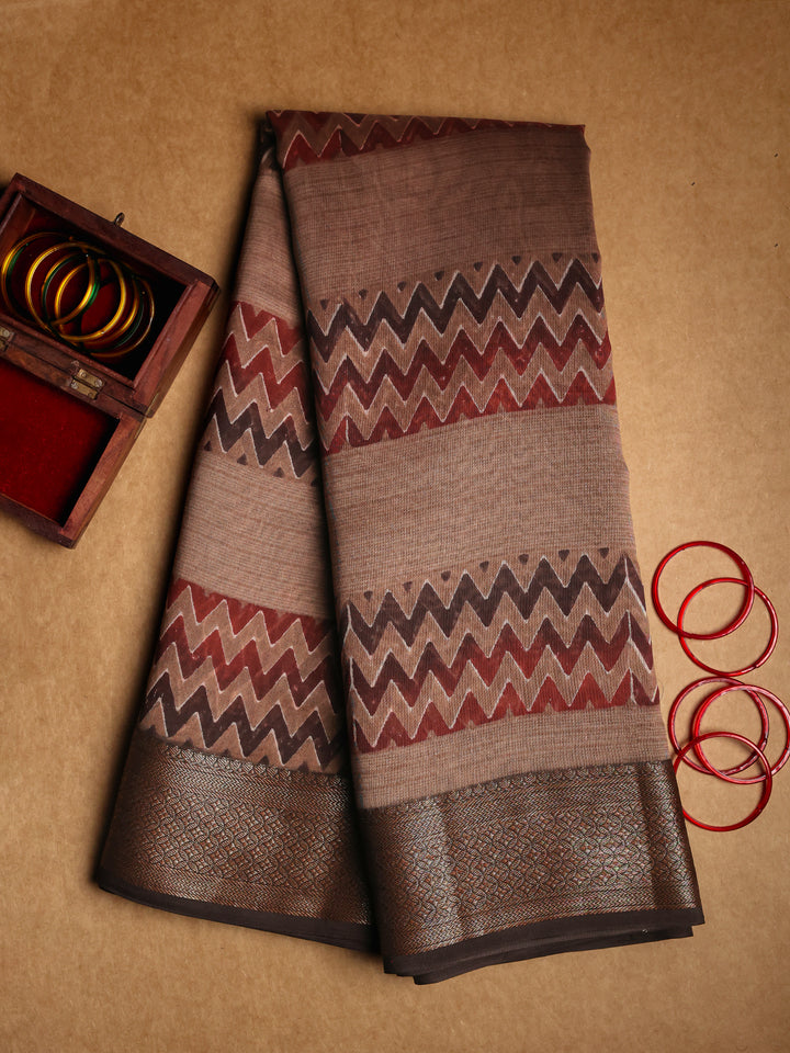 Brown Chanderi Saree with zig zag Block Print- CDS014