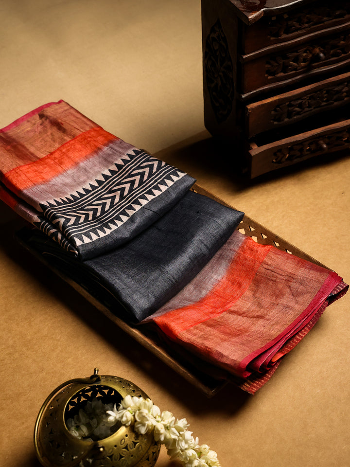 Black Tussar Saree with Geometric Print - TPS010