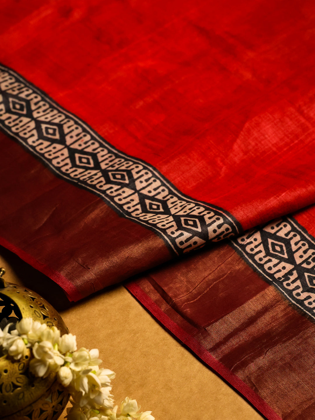 Black Tussar Saree with Geometric Print - TPS010