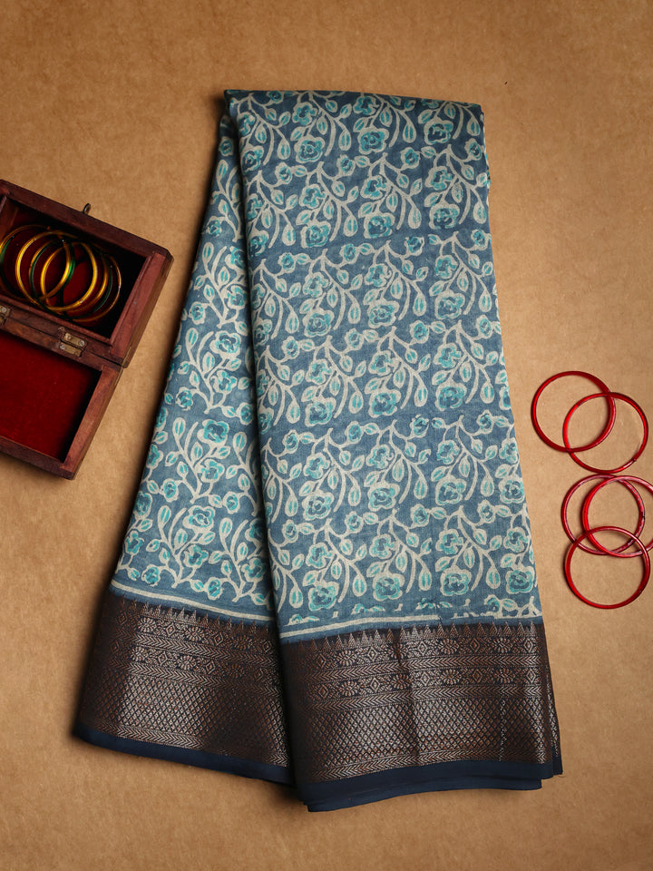 Ink Blue Chanderi Saree with Block Print- CDS015