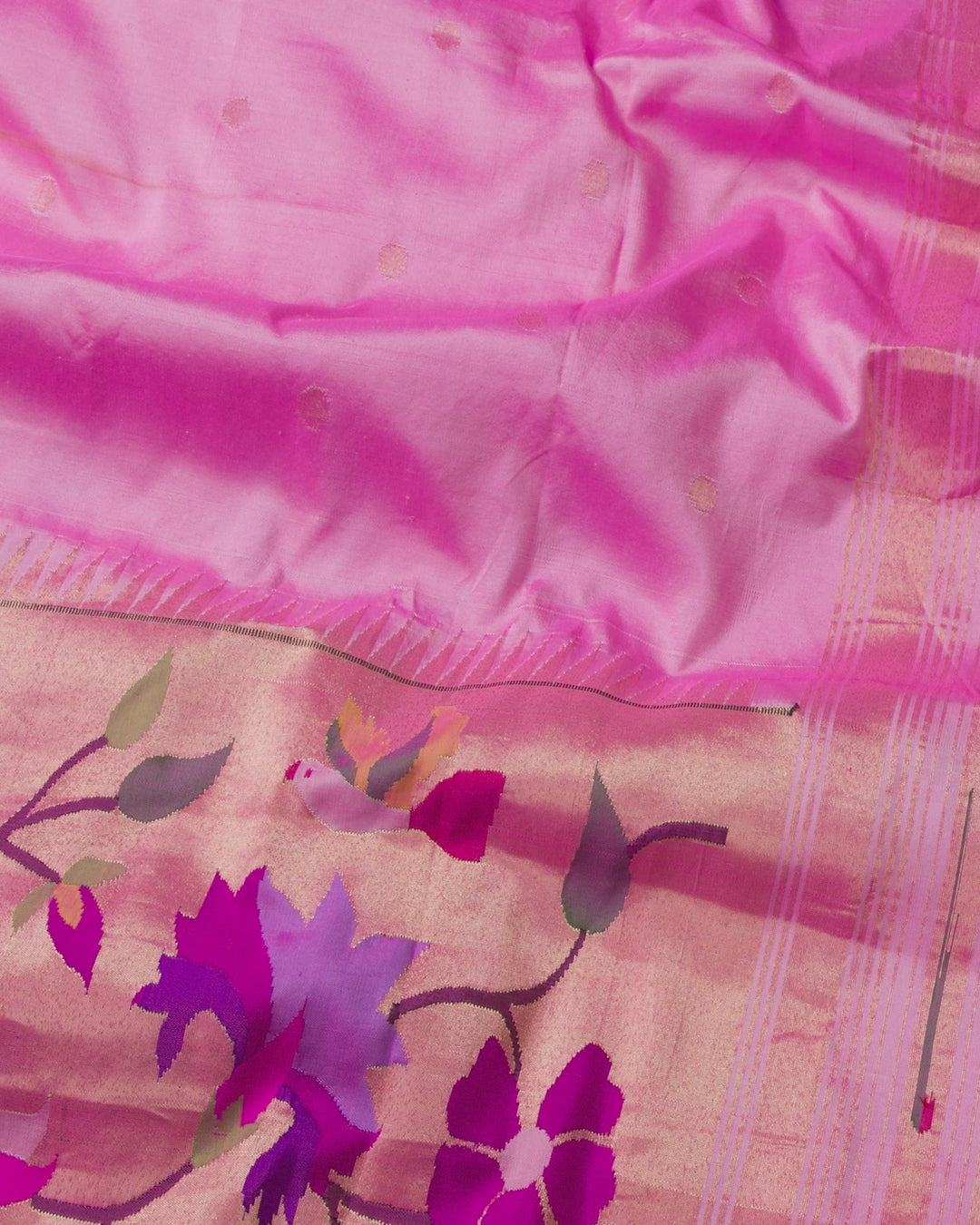 Turkish Rose Elegance: Paithani Handloom Saree with Pure Zari Gold Floral Border - A6 - View 2