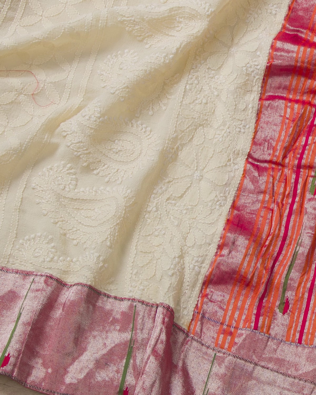 Pearly White Chikankari Paithani Saree with Single Muniya Border - A68 - View 2