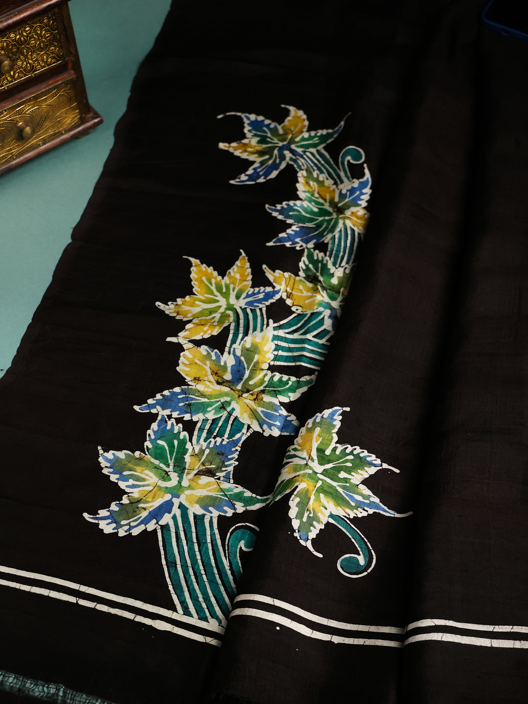 Black and Cream Tussar Saree with Batik Print - TPS019